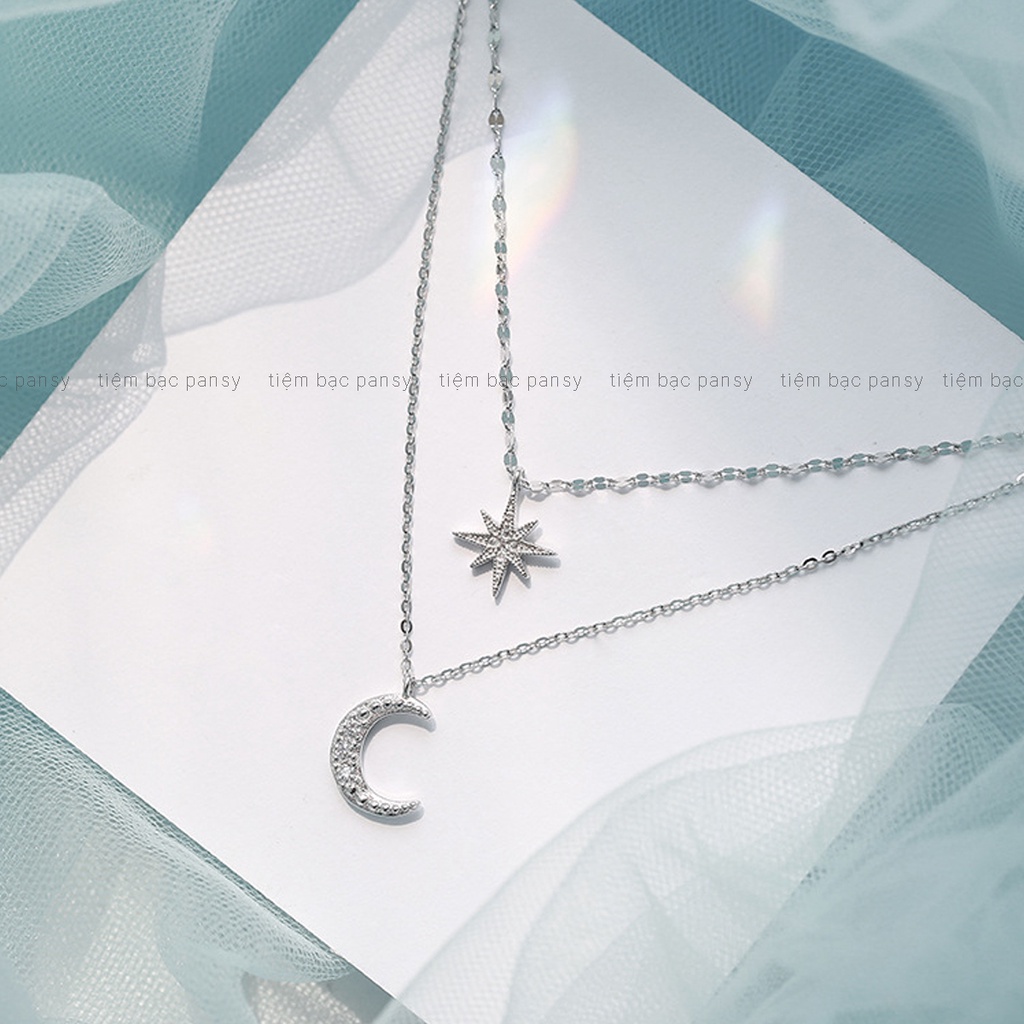 Dây chuyền bạc dây đôi PANSY mặt ngôi sao và mặt trăng, vòng cổ nữ sang trọng nữ tính bằng bạc ta