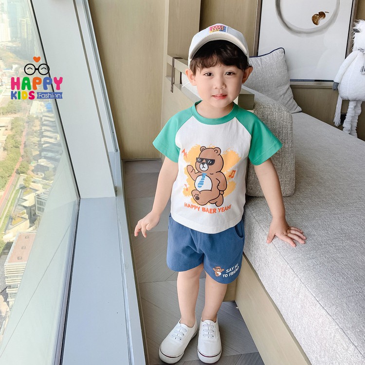 Đồ Bộ Bé Trai Happy Kids Từ 6 Tháng Đến 5 Tuổi In Hình Gấu Chất Liệu 100% COTTON Thun Lạnh - Bộ Quần Áo Thun Trẻ Em