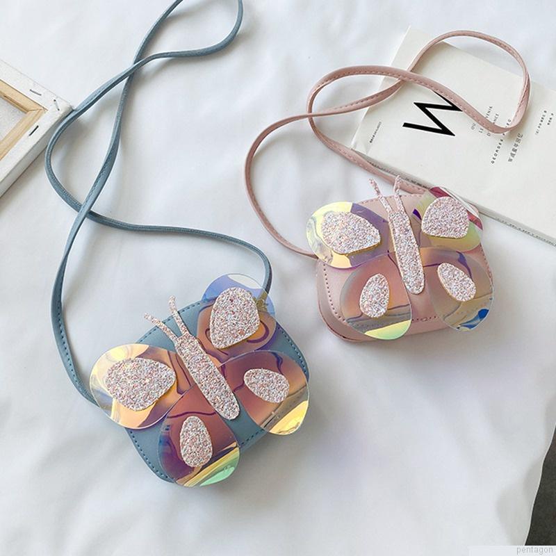 Túi đeo chéo mini bằng da PU đính sequin hình bướm dễ thương cho bé gái