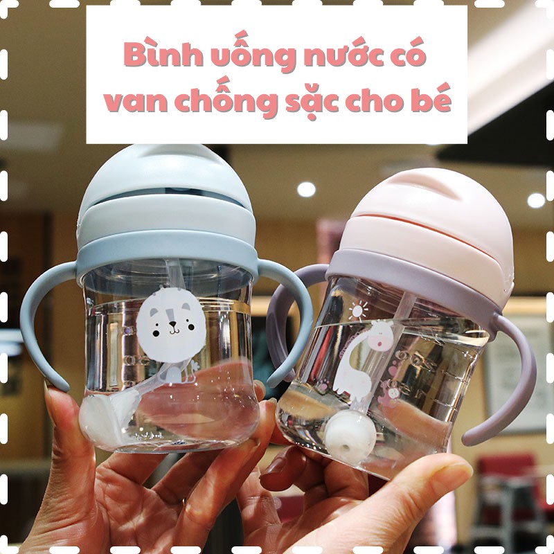 Bình tập uống nước cho bé có ống hút, van chống sặc và nắp chống đổ cho bé - Dom Dom Kids