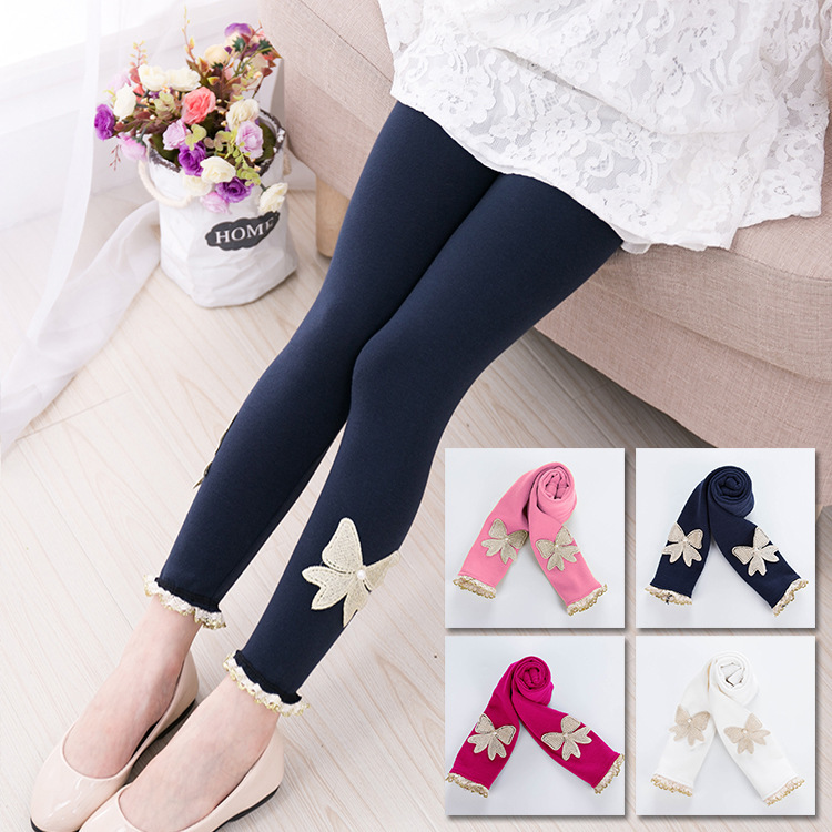 Spot girl's Leggings spring and autumn thin bow casual pants small and medium set candy color lace edge pants