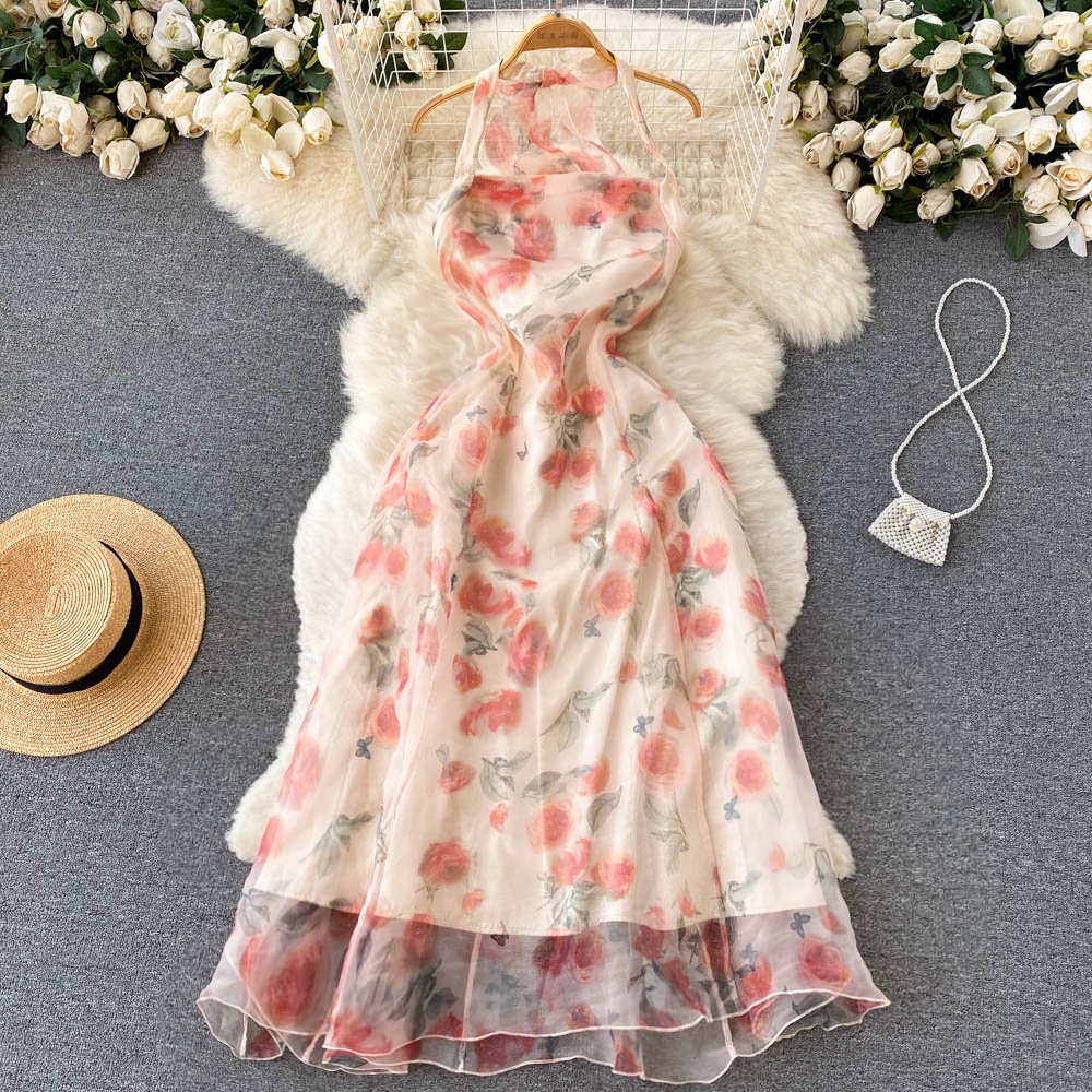 Đầm cổ quây chất voan họa tiết hoa thắt dây cổ có size 2 lớp nàng thơ