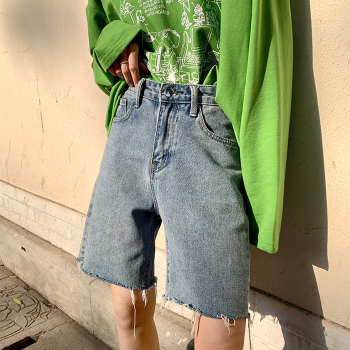 NRVP Quần short jean ống rộng phong cách Hàn Quốc thời trang dành cho nữ