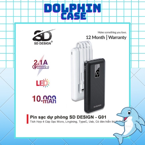 Sạc dự phòng chính hãng SD DESIGN G01 dung lượng 10.000 mAh có đầy đủ chân sạc cho iphone, samsung, xiaomi,...