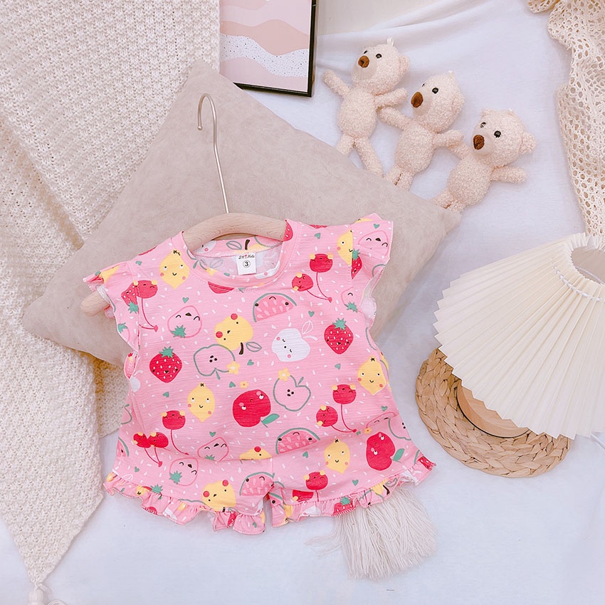 Bộ Quần Áo Trẻ Em Cộc Tay In Hình Mèo Dâu LOL Xinh Xắn Vải Cotton Cho Bé Gái Từ 8-20kg Mã CT47