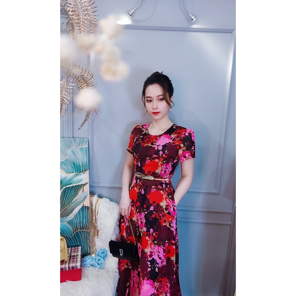 Đầm hoa Da1492 voan kính 2 lớp,, có túi 2 bên