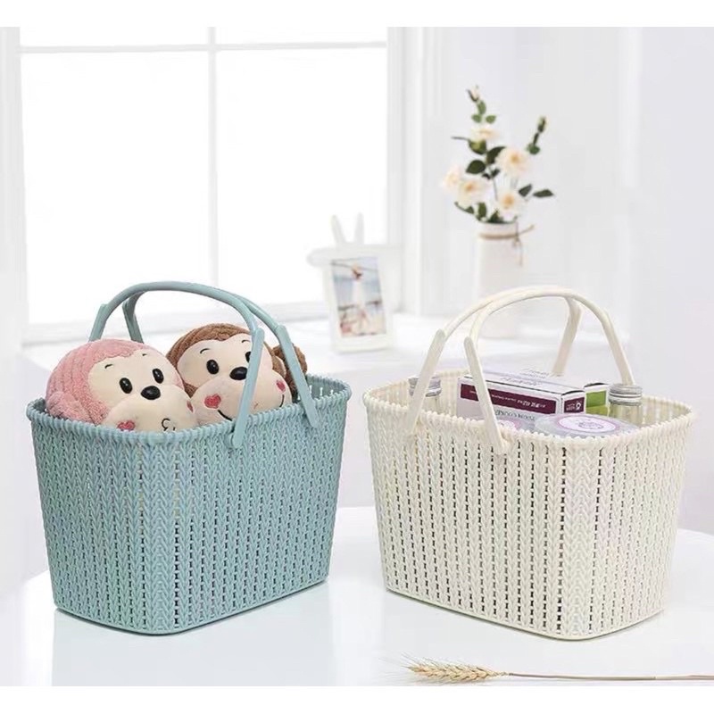 Rổ đựng đồ có quai xách, Giỏ nhựa giả mây đựng đồ phong cách Hàn Quốc