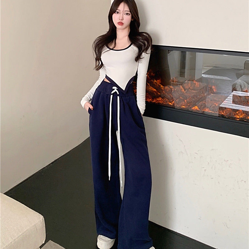 COZOK Set Áo Thun Ngắn Tay Cổ Vuông Nhiều Màu Sắc + Quần Dài Lưng Cao Ống Rộng Thời Trang Nữ