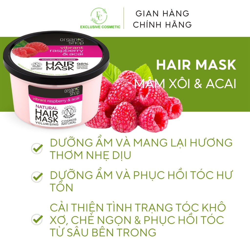 Kem ủ dưỡng tóc phục hồi hư tổn Organic Shop Hair Mask Raspberry &amp; Acai 250ml