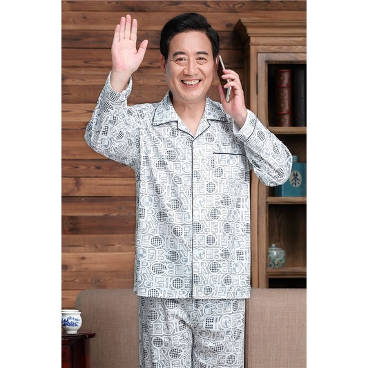 Bộ Đồ Ngủ Tay Dài Vải Cotton Plus Size Thời Trang Thu Đông Cho Nam Trung Niên