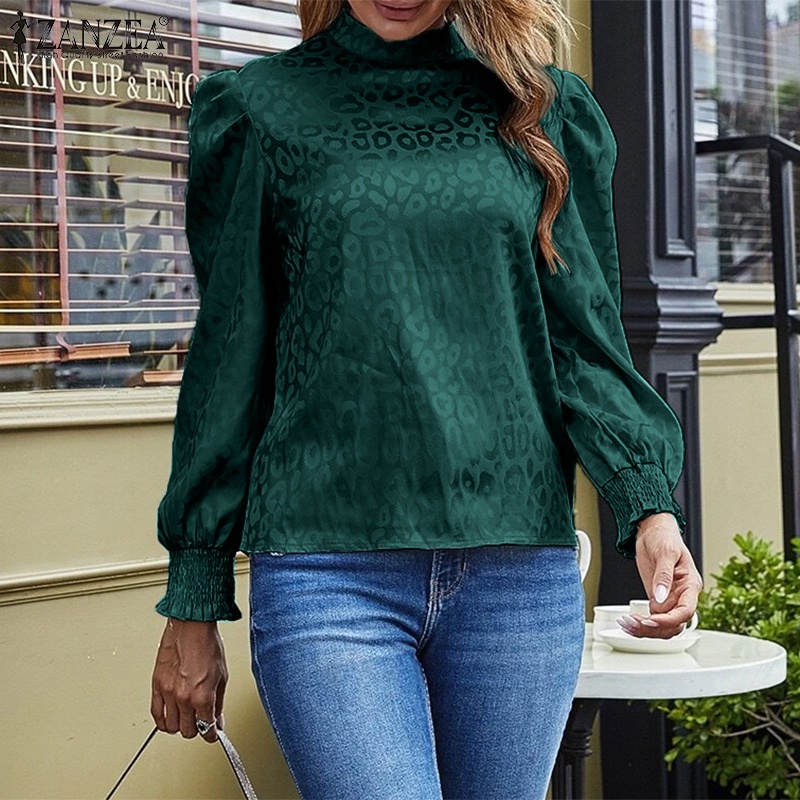 Áo kiểu Zanzea tay phồng xếp ly dáng rộng in họa tiết da báo thời trang cho nữ