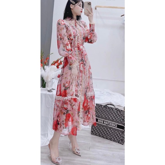 Váy tơ hoa viền ren nhung siêu xinh