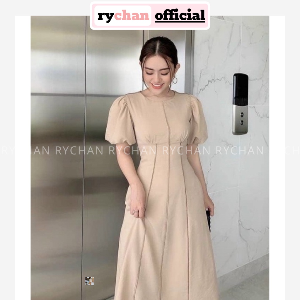 Đầm Váy Nữ Dự Tiệc Cổ Tròn Tay Phồng Dáng Dài Thanh Lịch Sang Trọng, Đầm Tiệc Cưới Tôn Dáng Màu Kem Đen Trắng - DX9717