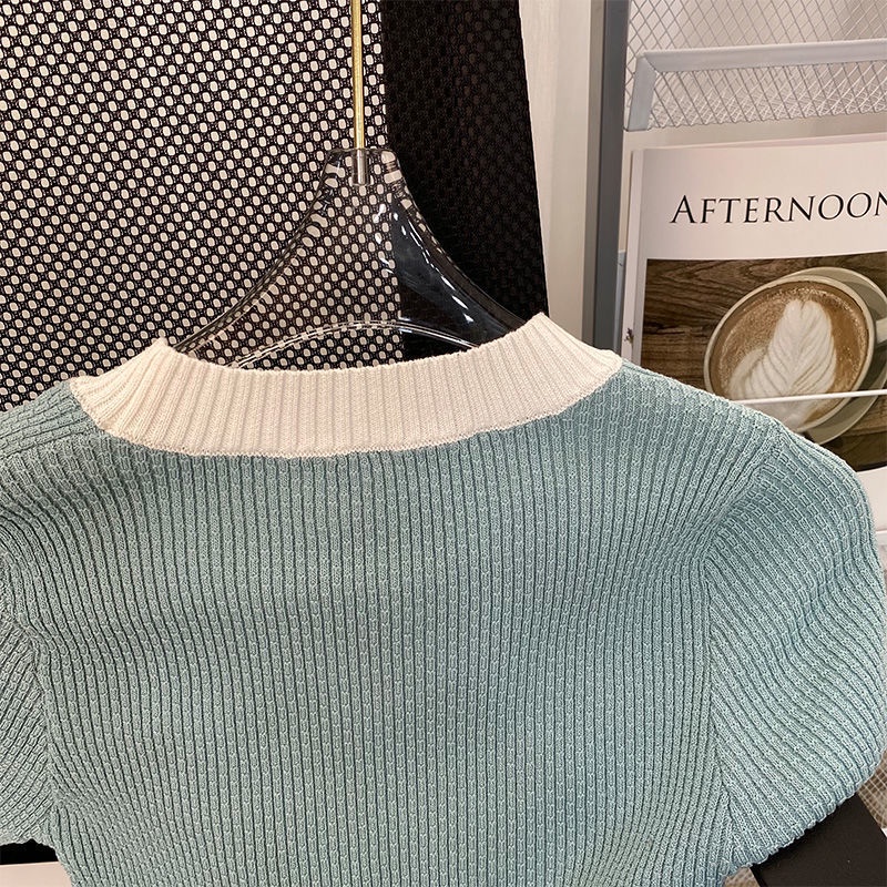 Áo Thun Lụa Lạnh Tay Ngắn Màu Sắc Tương Phản Phong Cách Pháp Thời Trang Mùa Hè Cho Nữ