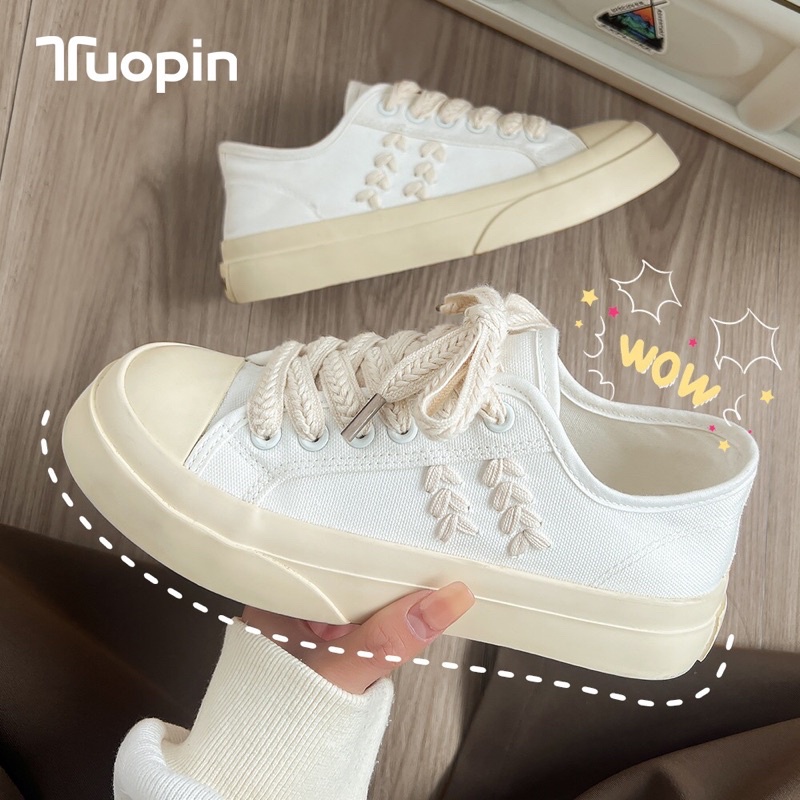 Giày thể thao nữ phối dây tết dáng cơ bản màu trắng kem