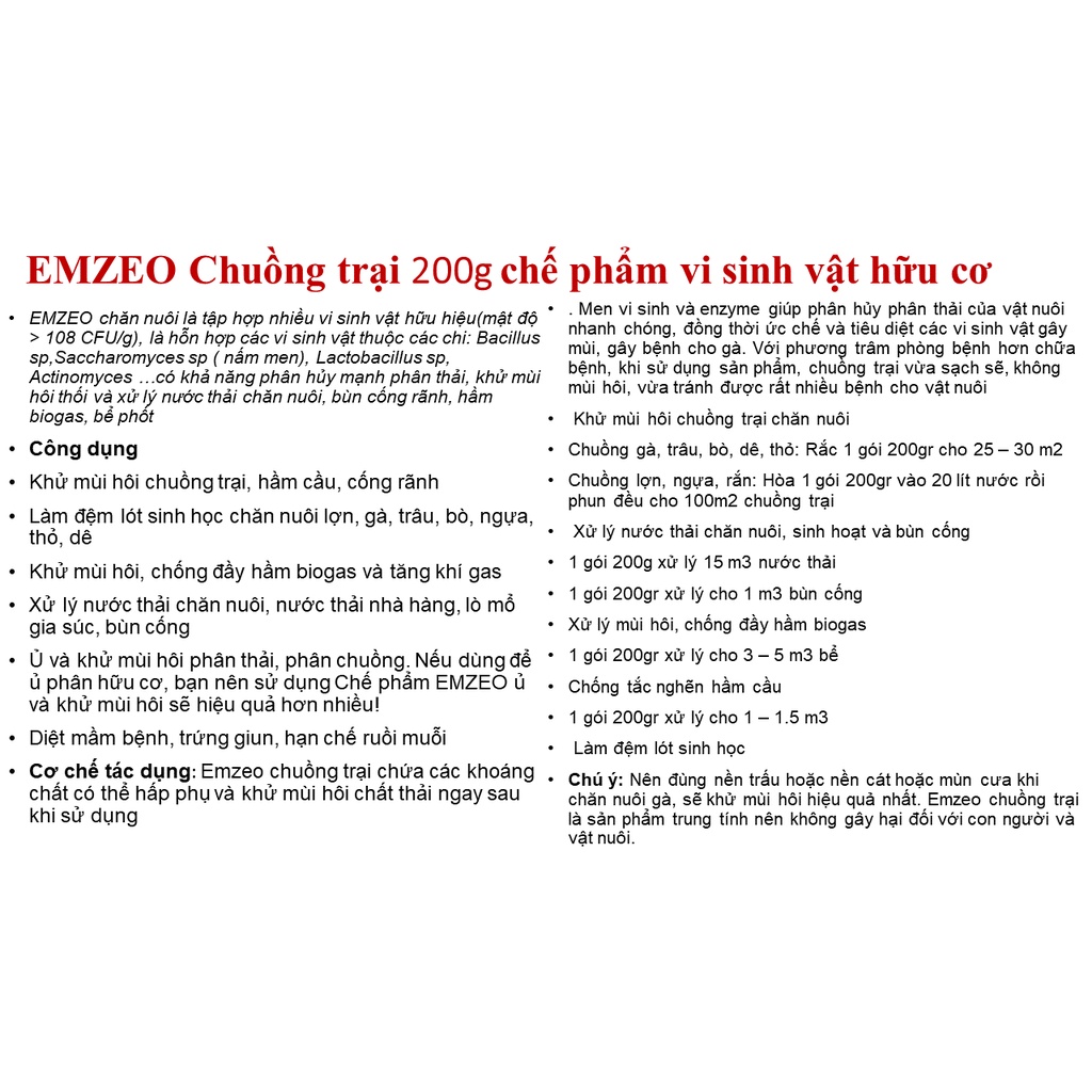 EMZEO Chuồng trại 200G chế phẩm vi sinh vật hữu cơ, đệm lót sinh học