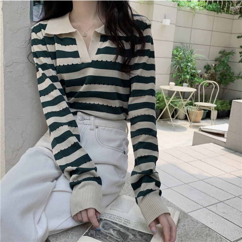 Áo dệt kim ZHELIHANGFEI tay dài cổ bẻ dáng ôm họa tiết kẻ sọc thời trang cho nữ