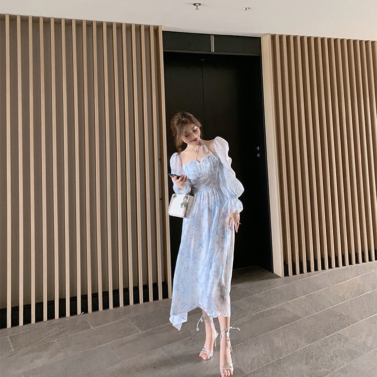 Đầm midi cổ vuông tay dài vải voan in hoa màu xanh dương thời trang mùa hè phong cách pháp cho nữ 2023