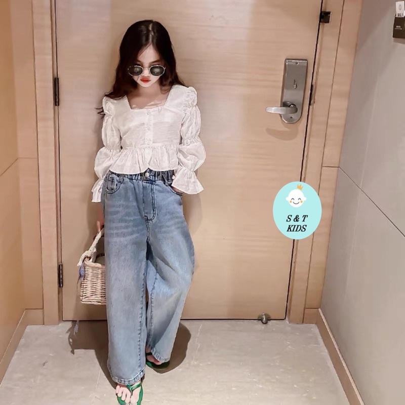bộ áo tay bèo phối quần jeans sớ cực chất bé gái - batb