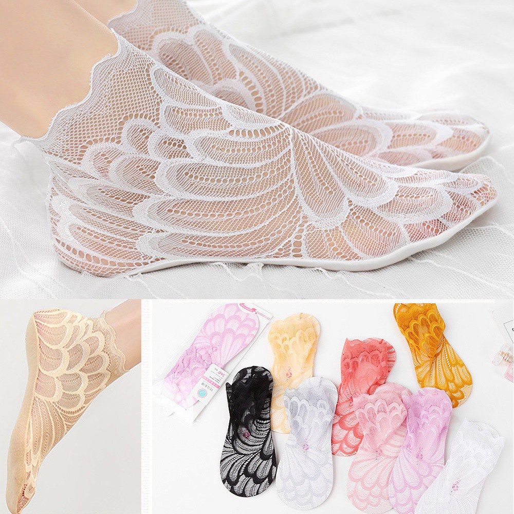 Vớ Cotton Cổ Thấp Chống Trượt Phối Ren Họa Tiết Chim Công Nhiều Màu Thời Trang Mùa Hè Cho Nữ
