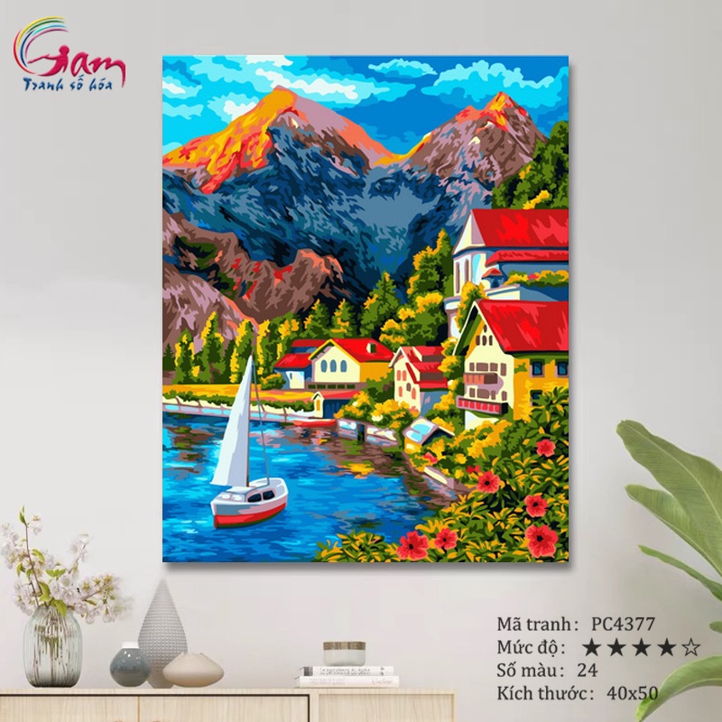Tranh tô màu số hoá Gam Phong cảnh ngôi làng ven biển Hallstatt có căng khung 40x50cm PC4377