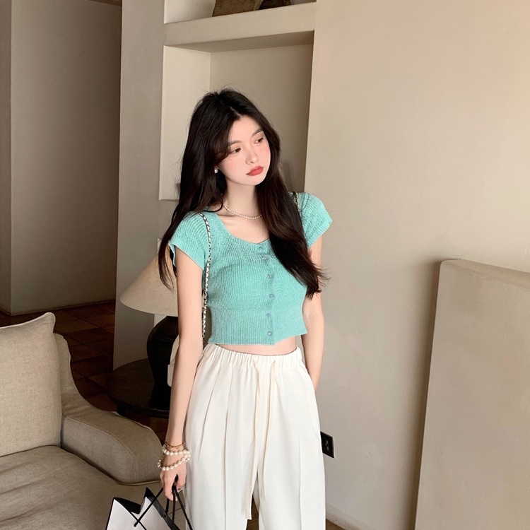 Áo croptop dệt kim SUXI tay ngắn màu trơn thời trang mùa hè dành cho nữ