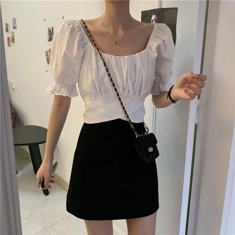 Áo Croptop Tay Phồng Cổ Chữ U Hở Lưng Màu Trơn Thời Trang Quyến Rũ Cho Nữ