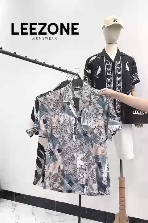 Áo sơ mi Cuban LeeZone form rộng mặc hằng ngày Fullbox, chất vải lụa thoáng mát không nhăn | Sơ mi hoạ tiết loang xám | BigBuy360 - bigbuy360.vn