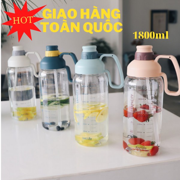 Bình nước thể thao 1800ml LOẠI DÀY CÓ ỐNG HÚT bình đựng nước bình nước thể thao