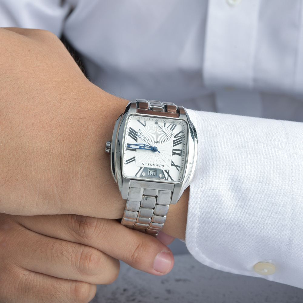 Đồng hồ Romanson Men Watch TM1273MWWH nam mặt chữ nhật kính chống xước, máy Thụy Sĩ, dây thép cao cấp chính hãng