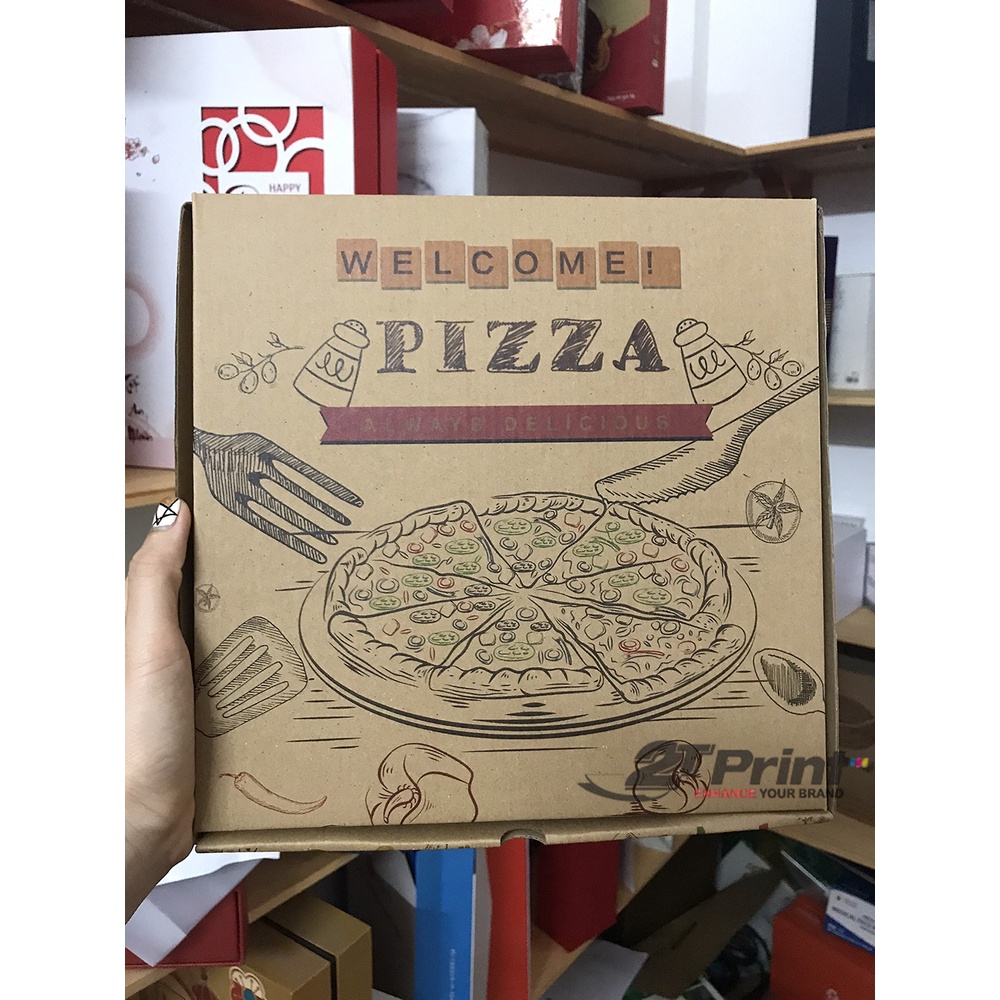 Hộp pizza in sẵn kích cỡ 20, 23, 27cm, màu sắc đẹp, hộp cứng cáp hiện đại