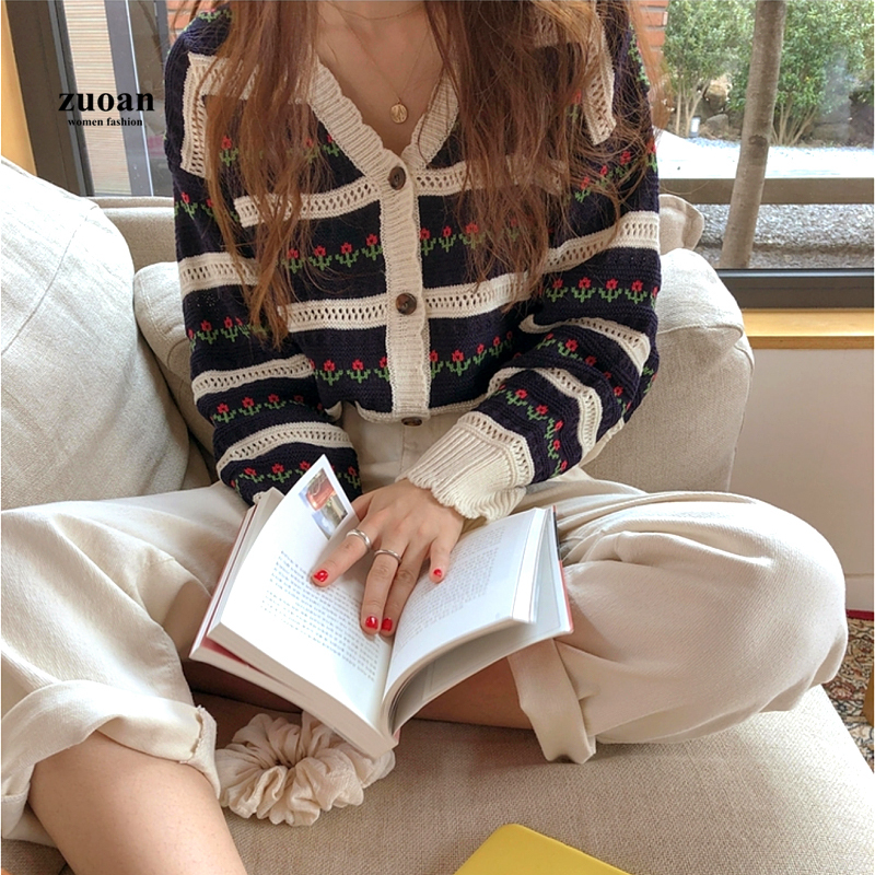 SUXI Áo Cardigan Dệt Kim Họa Tiết Sọc Phong Cách Hàn Quốc