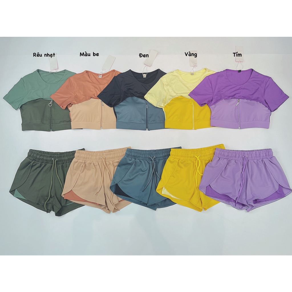 Set Ngắn Thể Thao Nữ Boxer 2 Lớp, Áo Croptop Cut Ngực Phối Dây Kéo Cực Ngầu