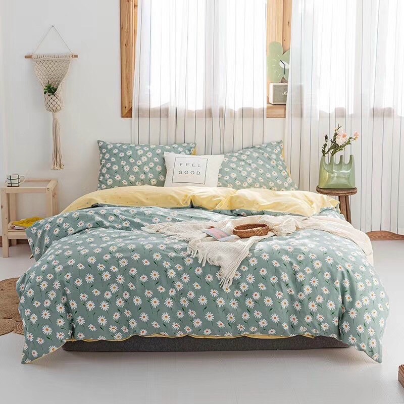 Bộ chăn ga và gối cotton poly -hoa cúc xanh