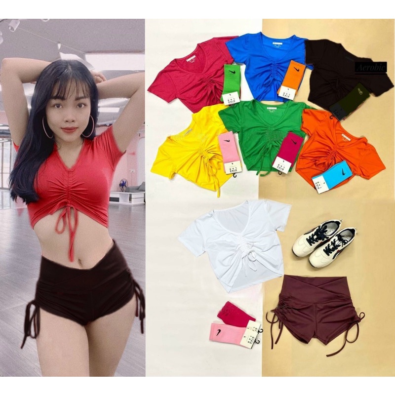 SET BỘ TẬP ÁO CROPTOP CỘC TAY RÚT DÂY QUẦN ĐÙI RÚT DÂY NỮ TẬP THỂ DỤC GYM EROBIC ZUMBA NỮ