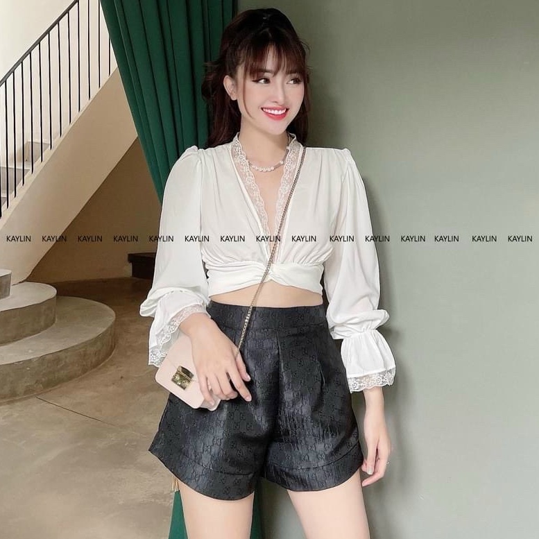 Áo kiểu tay dài phối viền ren cột eo sexy , chất voan mềm mịn mát