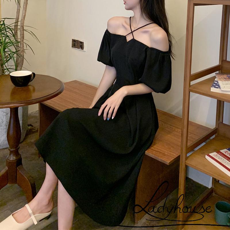 Đầm Midi Lưng Cao Trễ Vai Tay Ngắn Thời Trang Mùa Hè Cho Nữ