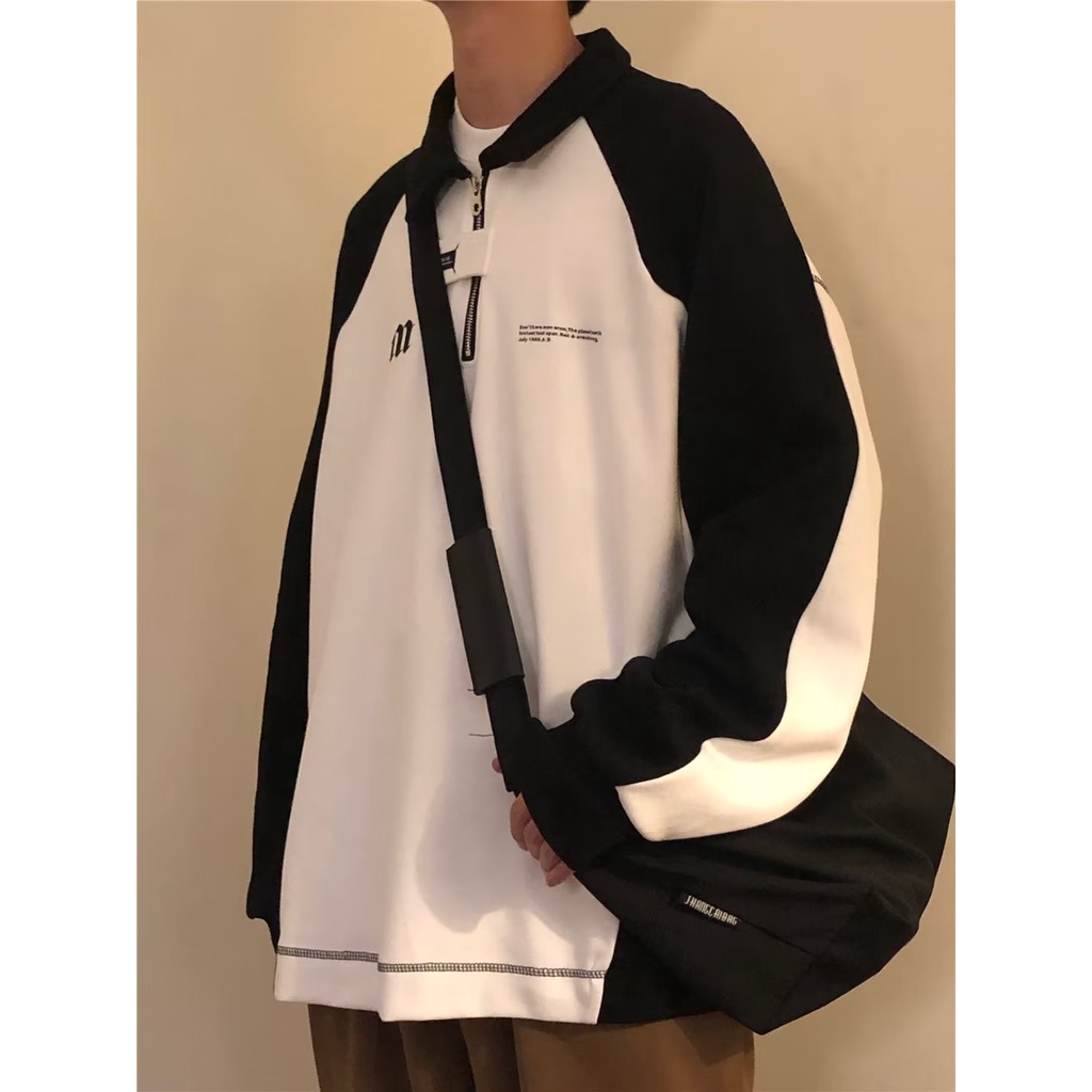 Áo Sweater POLO Dáng Rộng Tay Dài Cổ Đứng Phối Màu Trắng Đen Tương Phản Thời Trang Cho Nam