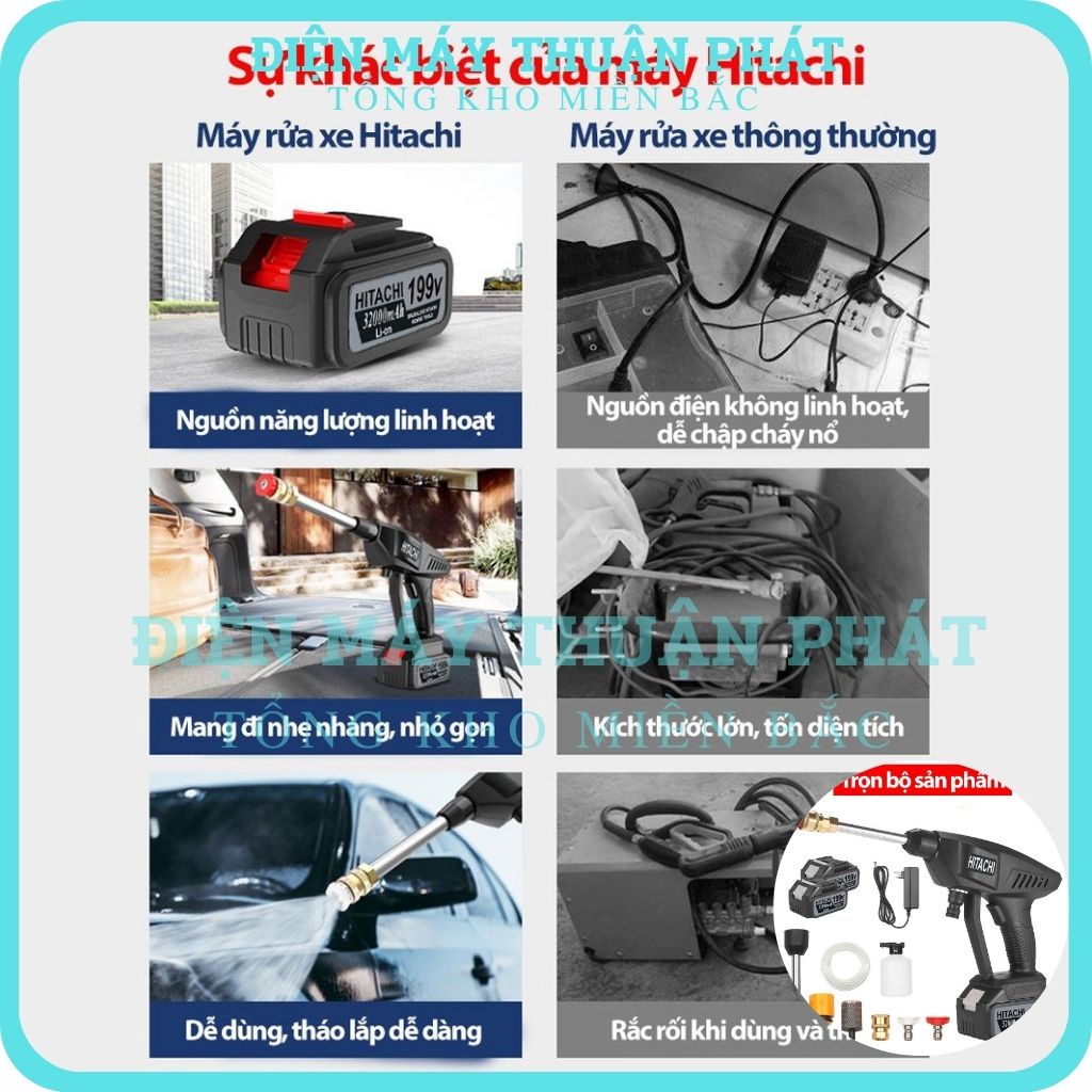 Máy rửa xe áp lực cao gia đình cầm tay total mini Pin Hitachi 199V mini giá rẻ bình phun bọt tuyết rửa xe máy cao áp