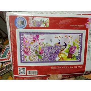 tranh thêu chữ thập uyên ương hoa mẫu đơn hoa khai phú quý kt 148x74cm