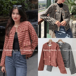 Áo khoác dạ kẻ tweed dáng ngắn, áo dạ dài tay kẻ sweed khuy ngọc sang trọng ấm áp - AKH05