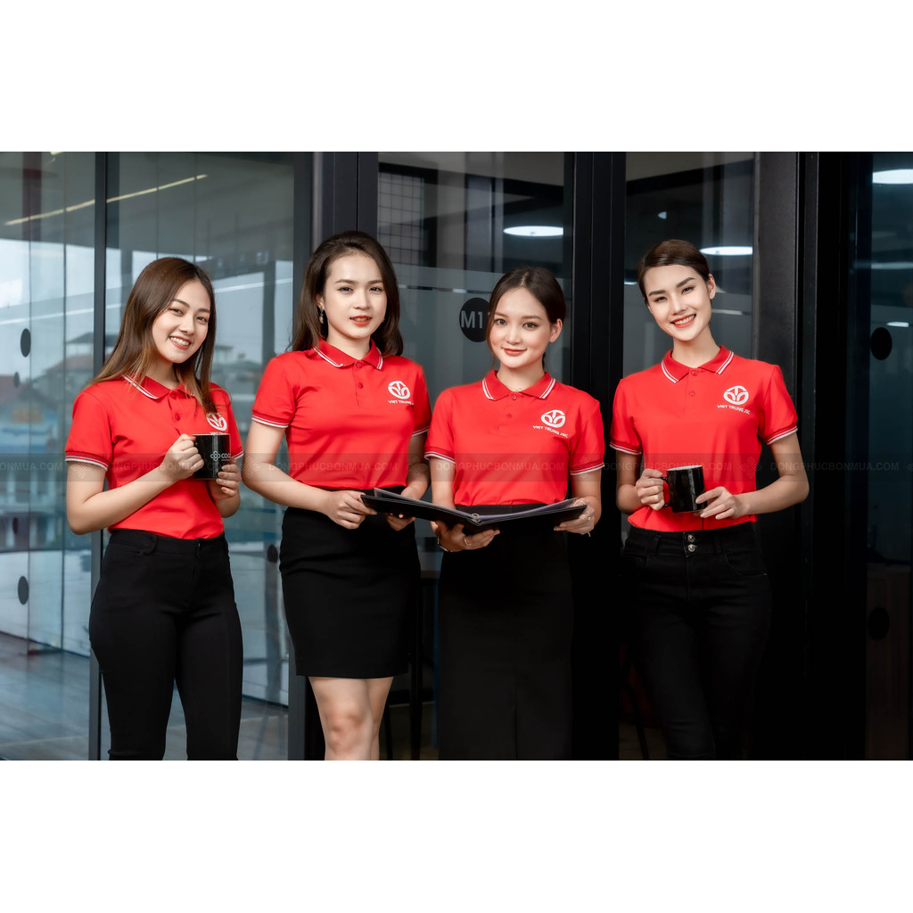 Áo Đồng Phục Doanh Nghiệp Đỏ Cổ Phối Kẻ Cotton, Lascote Co Giãn, Thấm Hút Mồ Hồi