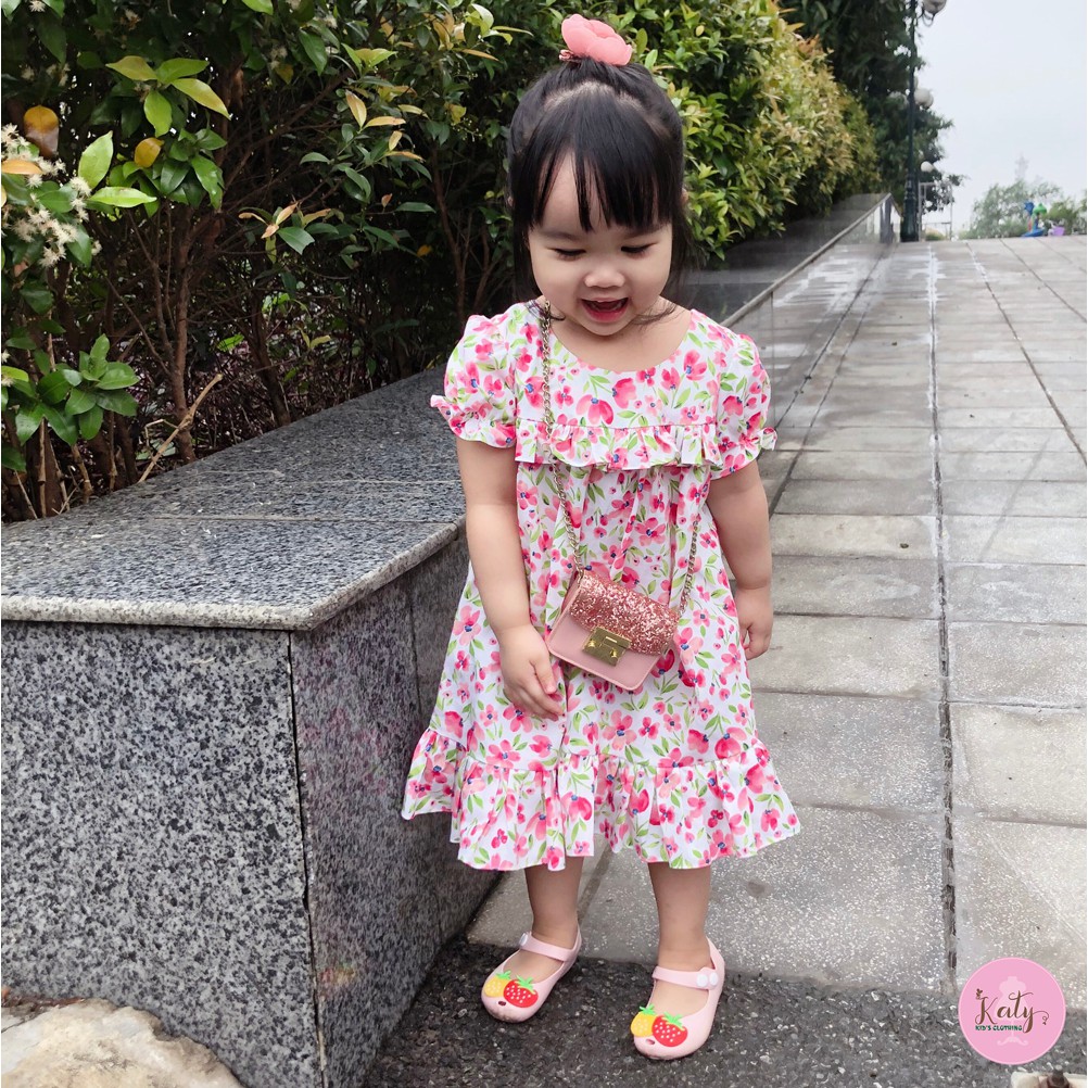 Váy Cho Bé Gái (Đầm cho bé) Dáng Xoè Chất Thoáng Mát, Họa Tiết Hoa Đáng Yêu, Hàng Thiết kế KATY Kid's Clothing