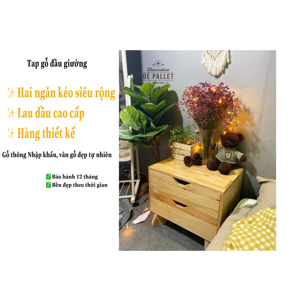 TỦ, KỆ ĐẦU GIƯỜNG VUÔNG ❤️DE PALLET❤️ TỦ GỖ TỰ NHIÊN 2 NGĂN KÉO RỘNG, LAU DẦU BỀN ĐẸP