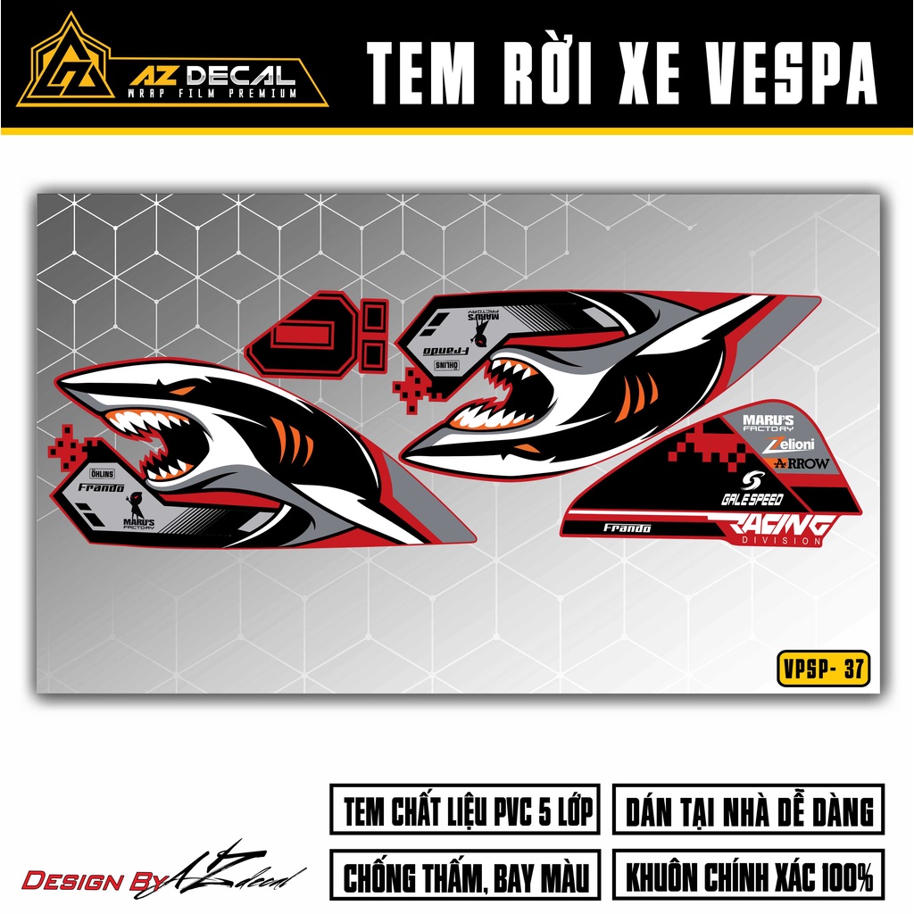Decal Rời Xe Vespa Sprint / Primavera Phong Cách Cá Mập Maru's Factory | VPSP37 | Tem Chế Chống Nước, Dễ Dán