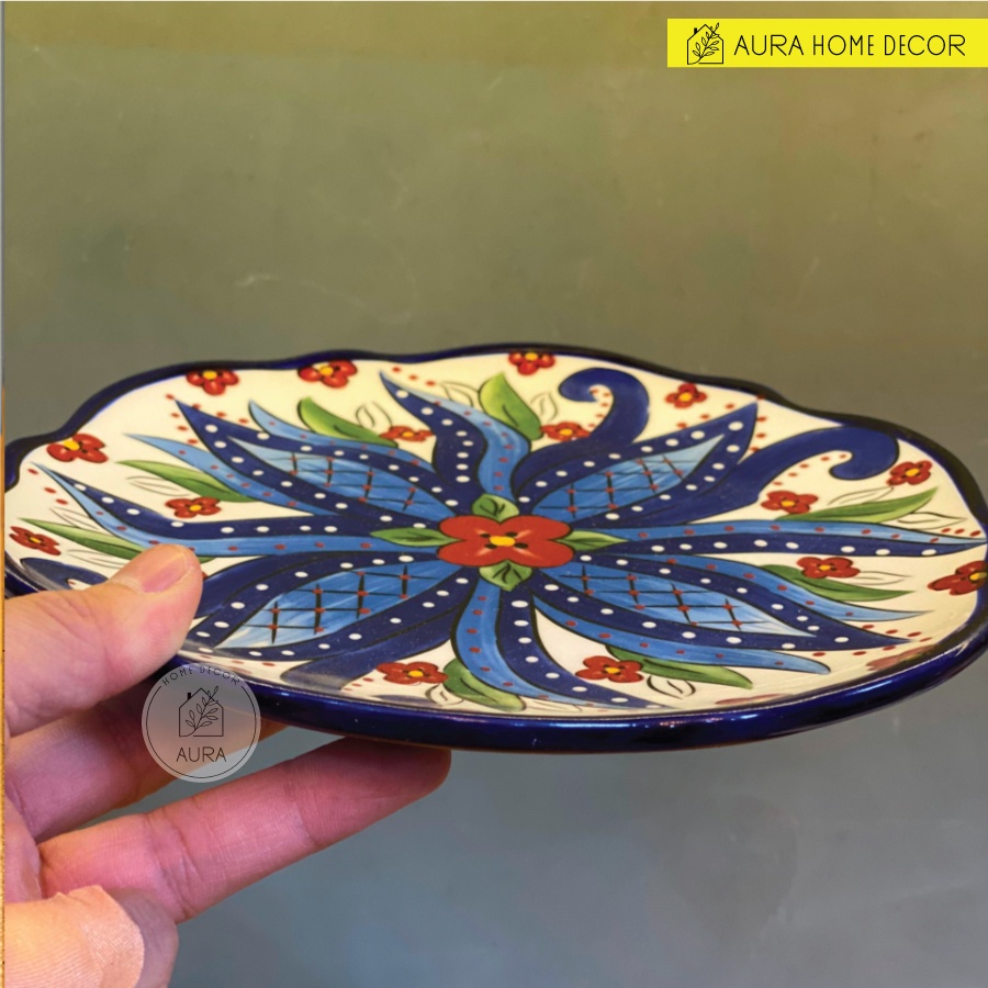 [ẢNH THẬT 100%] Tô mì, đĩa tròn, đĩa vuông gốm mỹ nghệ vẽ tay - Họa tiết thổ cẩm nền xanh cô ban sang chảnh