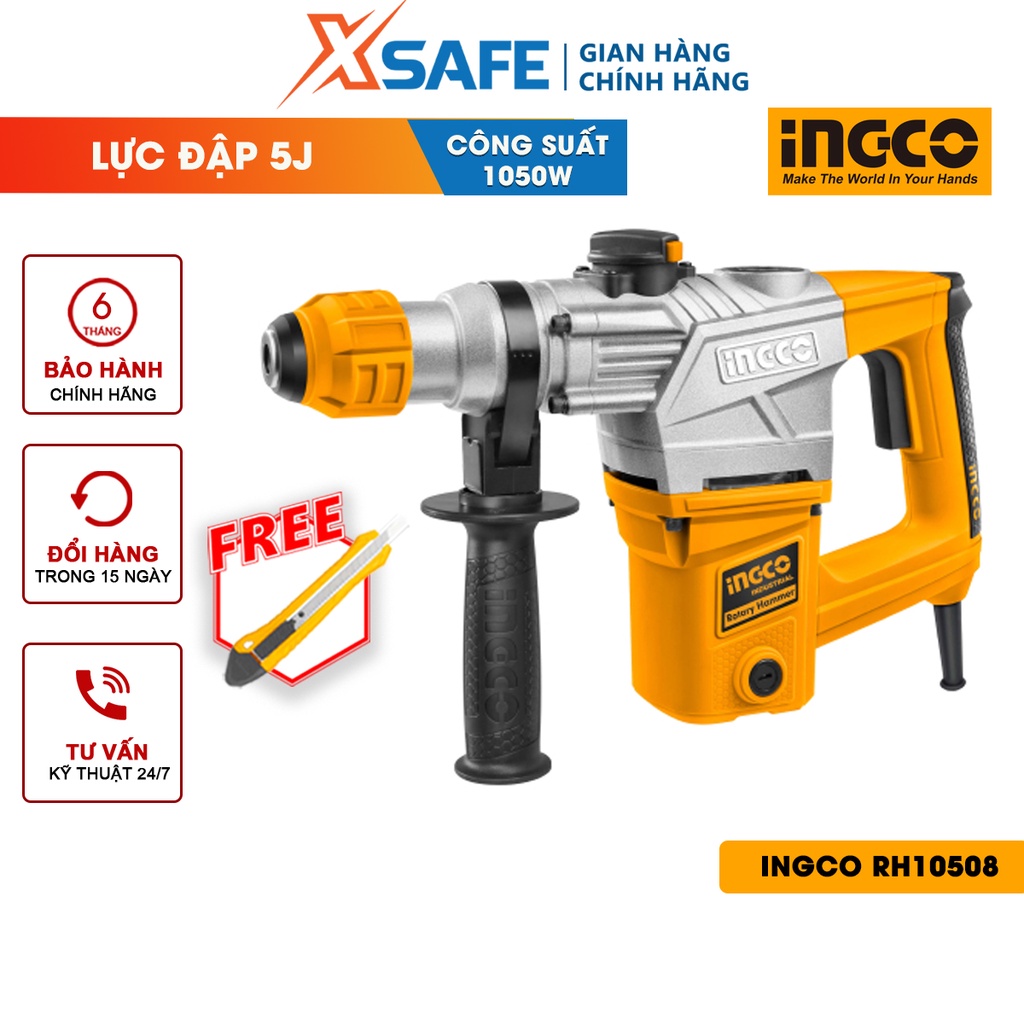 Máy khoan đục 1050W INGCO RH10508 kèm 3 mũi khoan gài, 2 mũi đục tốc độ không tải 900 vòng/phút
