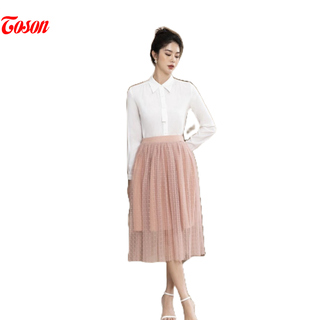 Chân váy dập ly xòe, ren, Be da chấm Limmited Toson 37889E62