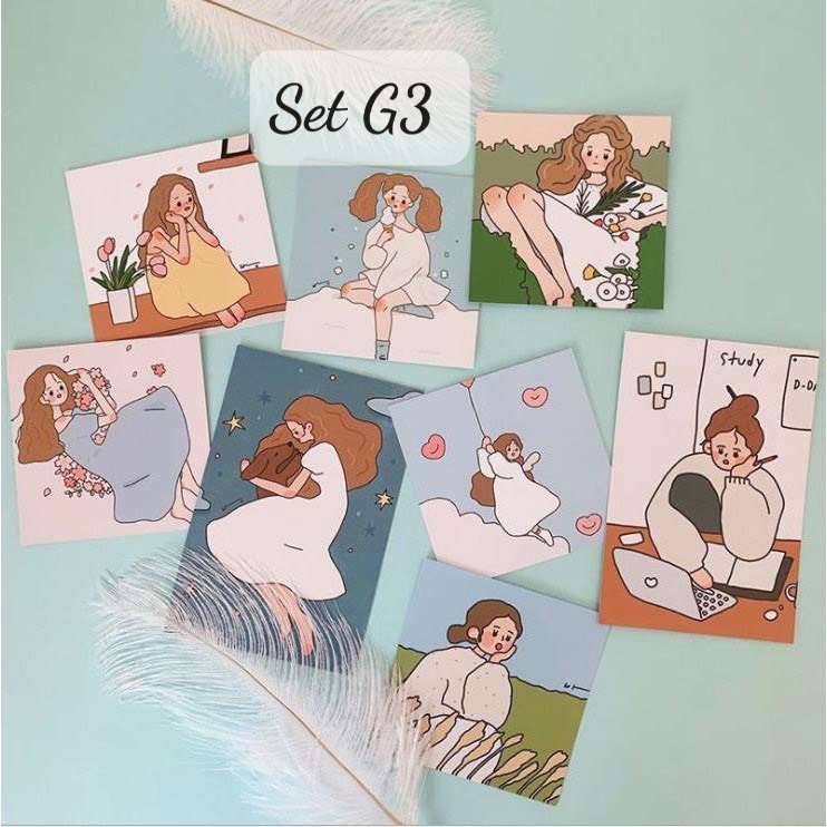 [ FreeShip ] Set 9 tấm thiệp postcard CÔ GÁI VÀ HOA có sẵn decor trang trí phòng siêu cute
