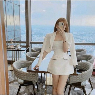 Set áo khoác vest croptop kèm váy cúp ngực taffta kèm ảnh thật shop chụp